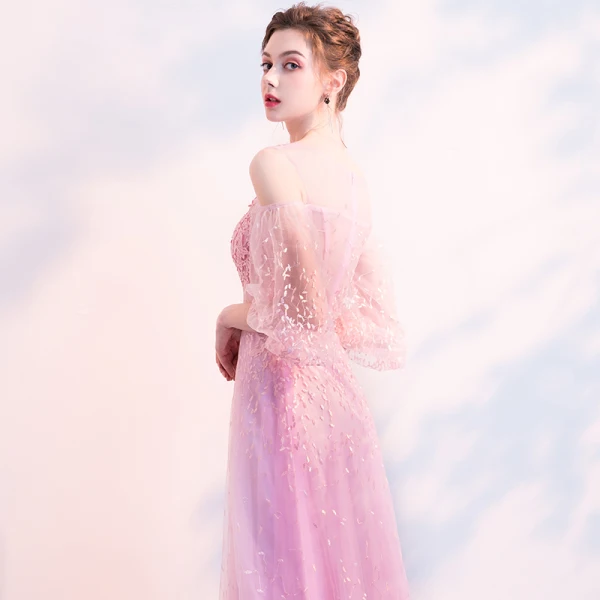 Illusion Rose Bonbon Transparentes Robe De Soirée 2018 Princesse Gonflée 3/4 Manches Encolure Carrée Appliques En Dentelle Ceinture Longue Volants Robe De Ceremonie