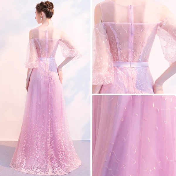 Illusion Rose Bonbon Transparentes Robe De Soirée 2018 Princesse Gonflée 3/4 Manches Encolure Carrée Appliques En Dentelle Ceinture Longue Volants Robe De Ceremonie
