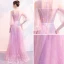 Illusion Rose Bonbon Transparentes Robe De Soirée 2018 Princesse Gonflée 3/4 Manches Encolure Carrée Appliques En Dentelle Ceinture Longue Volants Robe De Ceremonie