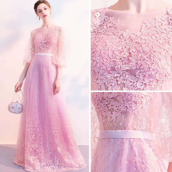 Illusion Rose Bonbon Transparentes Robe De Soirée 2018 Princesse Gonflée 3/4 Manches Encolure Carrée Appliques En Dentelle Ceinture Longue Volants Robe De Ceremonie