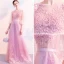 Illusion Rose Bonbon Transparentes Robe De Soirée 2018 Princesse Gonflée 3/4 Manches Encolure Carrée Appliques En Dentelle Ceinture Longue Volants Robe De Ceremonie