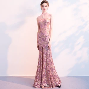 Style Chinois Violet Robe De Soirée 2018 Trompette Sirène Transparentes Col Haut Sans Manches Paillettes Fendue Devant Longue Robe De Ceremonie