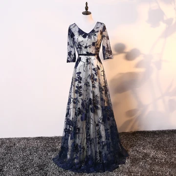 Elegant Champagne Navy Blue Mother Of The Bride Dresses 2017 A Line Princess V Neck 3 4 Sleeve Appliques Lace Bow Sash Floor Length Long Wedding Party Dresses