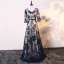 Élégant Champagne Bleu Marine Robe De Mère De Mariée 2017 Princesse V-Cou 3/4 Manches Appliques En Dentelle Noeud Ceinture Longue Robe Pour Mariage