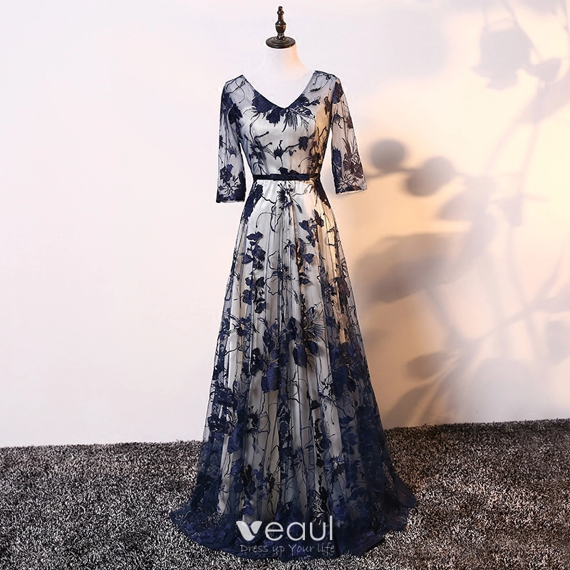 Elegant Champagne Navy Blue Mother Of The Bride Dresses 2017 A Line  Princess V Neck 3 4 Sleeve Appliques Lace Bow Sash Floor Length Long  Wedding Party Dresses