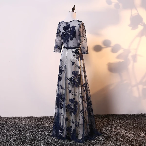 Élégant Champagne Bleu Marine Robe De Mère De Mariée 2017 Princesse V-Cou 3/4 Manches Appliques En Dentelle Noeud Ceinture Longue Robe Pour Mariage