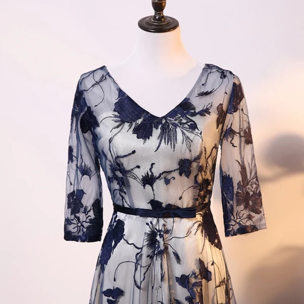 Élégant Champagne Bleu Marine Robe De Mère De Mariée 2017 Princesse V-Cou 3/4 Manches Appliques En Dentelle Noeud Ceinture Longue Robe Pour Mariage