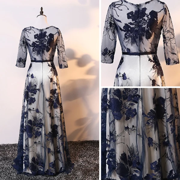 Élégant Champagne Bleu Marine Robe De Mère De Mariée 2017 Princesse V-Cou 3/4 Manches Appliques En Dentelle Noeud Ceinture Longue Robe Pour Mariage