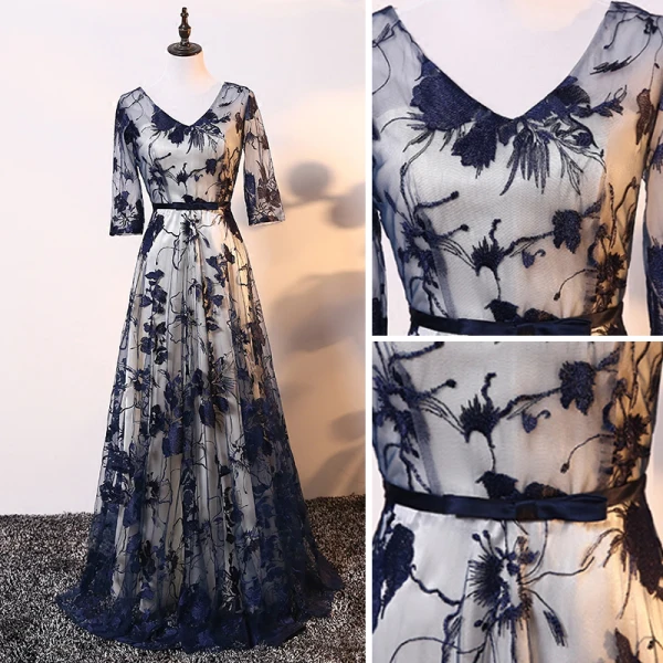 Élégant Champagne Bleu Marine Robe De Mère De Mariée 2017 Princesse V-Cou 3/4 Manches Appliques En Dentelle Noeud Ceinture Longue Robe Pour Mariage
