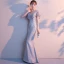 Chic / Belle Gris Robe De Soirée 2018 Trompette / Sirène V-Cou Manches Courtes Appliques En Dentelle Longue Dos Nu Robe De Ceremonie