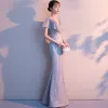 Chic / Beautiful Grey Evening Dresses  2018 Trumpet / Mermaid V-Neck Short Sleeve Appliques Lace Floor-Length / Long Backless Formal Dresses