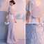 Chic / Belle Gris Robe De Soirée 2018 Trompette / Sirène V-Cou Manches Courtes Appliques En Dentelle Longue Dos Nu Robe De Ceremonie