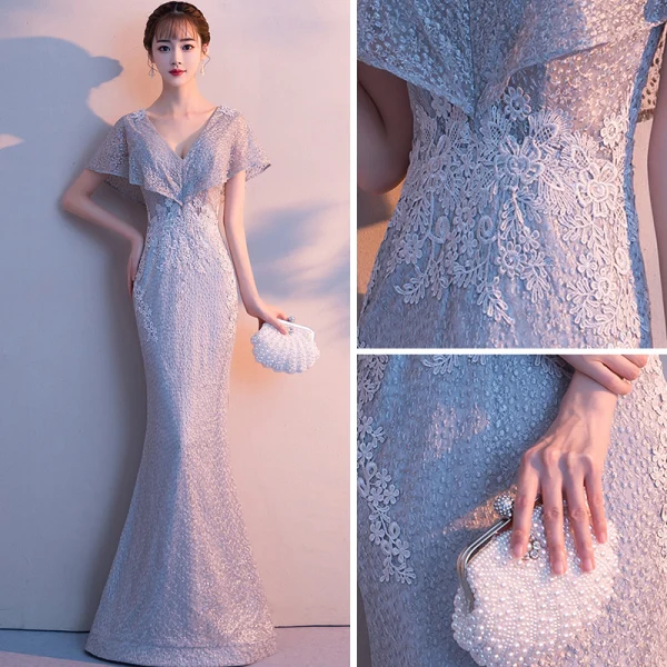 Chic / Belle Gris Robe De Soirée 2018 Trompette / Sirène V-Cou Manches Courtes Appliques En Dentelle Longue Dos Nu Robe De Ceremonie