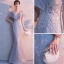 Chic / Belle Gris Robe De Soirée 2018 Trompette / Sirène V-Cou Manches Courtes Appliques En Dentelle Longue Dos Nu Robe De Ceremonie