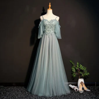 Stunning Sage Green Prom Dresses 2018 Empire Spaghetti Straps 1 2 Sleeves Appliques Lace Beading Floor Length Long Ruffle Backless Formal Dresses