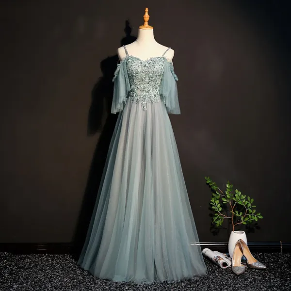 Stunning Sage Green Prom Dresses 2018 Empire Spaghetti Straps 1/2 Sleeves Appliques Lace Beading Floor-Length / Long Ruffle Backless Formal Dresses
