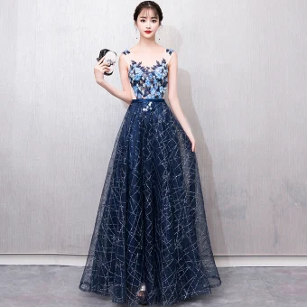 Illusion Bleu Marine Transparentes Robe De Bal 2018 Princesse V Cou Sans Manches Appliques En Dentelle Perle Glitter Paillettes Ceinture Longue Volants Dos Nu Robe De Ceremonie