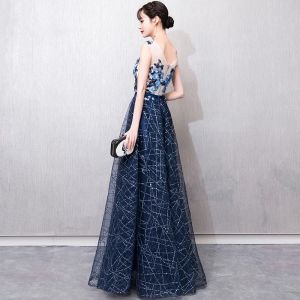 Illusion Bleu Marine Transparentes Robe De Bal 2018 Princesse V-Cou Sans Manches Appliques En Dentelle Perle Glitter Paillettes Ceinture Longue Volants Dos Nu Robe De Ceremonie