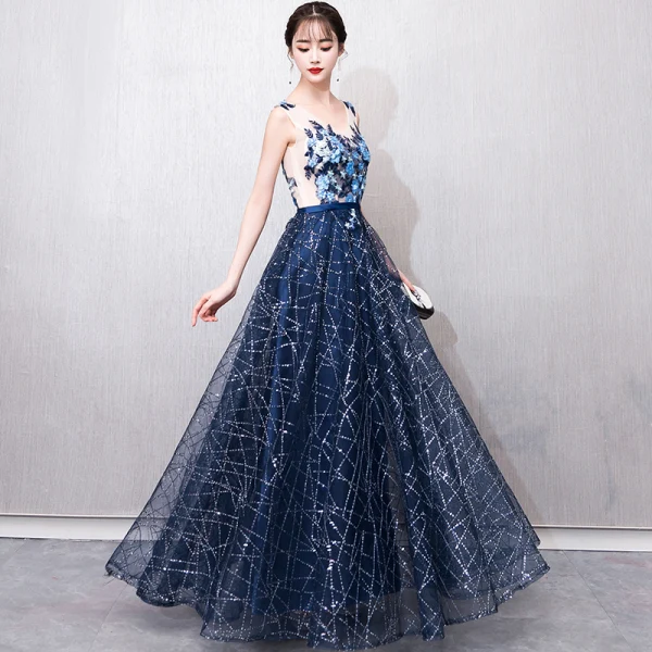 Illusion Bleu Marine Transparentes Robe De Bal 2018 Princesse V-Cou Sans Manches Appliques En Dentelle Perle Glitter Paillettes Ceinture Longue Volants Dos Nu Robe De Ceremonie