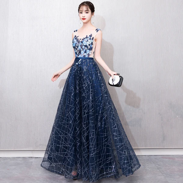 Illusion Bleu Marine Transparentes Robe De Bal 2018 Princesse V-Cou Sans Manches Appliques En Dentelle Perle Glitter Paillettes Ceinture Longue Volants Dos Nu Robe De Ceremonie