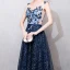 Illusion Bleu Marine Transparentes Robe De Bal 2018 Princesse V-Cou Sans Manches Appliques En Dentelle Perle Glitter Paillettes Ceinture Longue Volants Dos Nu Robe De Ceremonie