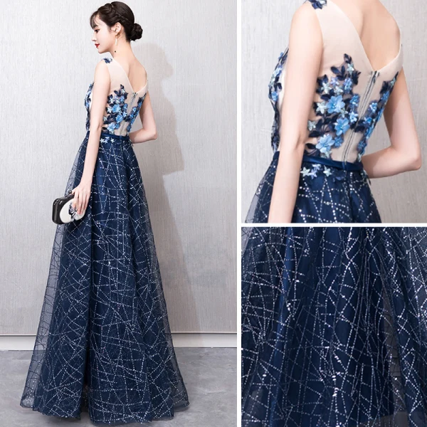 Illusion Bleu Marine Transparentes Robe De Bal 2018 Princesse V-Cou Sans Manches Appliques En Dentelle Perle Glitter Paillettes Ceinture Longue Volants Dos Nu Robe De Ceremonie