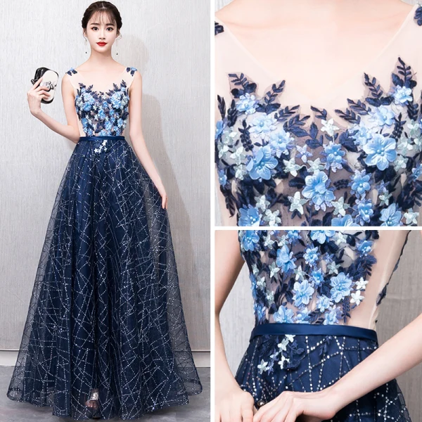 Illusion Bleu Marine Transparentes Robe De Bal 2018 Princesse V-Cou Sans Manches Appliques En Dentelle Perle Glitter Paillettes Ceinture Longue Volants Dos Nu Robe De Ceremonie