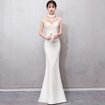 Chinese Style Champagne See Through Evening Dresses 2018 Trumpet Mermaid High Neck Sleeveless Appliques Lace Beading Tassel Floor Length Long Formal Dresses