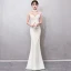Chinese style Champagne See-through Evening Dresses  2018 Trumpet / Mermaid High Neck Sleeveless Appliques Lace Beading Tassel Floor-Length / Long Formal Dresses