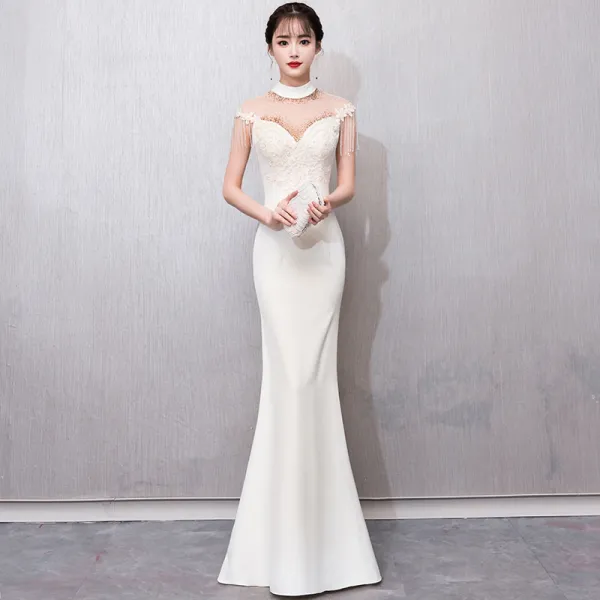 Chinese style Champagne See-through Evening Dresses  2018 Trumpet / Mermaid High Neck Sleeveless Appliques Lace Beading Tassel Floor-Length / Long Formal Dresses