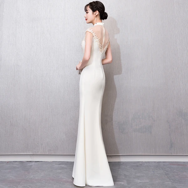 Chinese style Champagne See-through Evening Dresses 2018 Trumpet / Mermaid High Neck Sleeveless Appliques Lace Beading Tassel Floor-Length / Long Formal Dresses