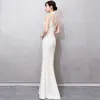Chinese style Champagne See-through Evening Dresses  2018 Trumpet / Mermaid High Neck Sleeveless Appliques Lace Beading Tassel Floor-Length / Long Formal Dresses