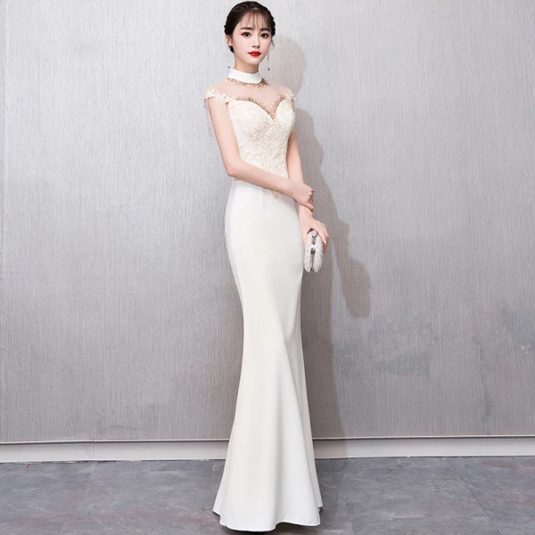 Chinese style Champagne See-through Evening Dresses 2018 Trumpet / Mermaid High Neck Sleeveless Appliques Lace Beading Tassel Floor-Length / Long Formal Dresses