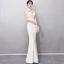Chinese style Champagne See-through Evening Dresses  2018 Trumpet / Mermaid High Neck Sleeveless Appliques Lace Beading Tassel Floor-Length / Long Formal Dresses