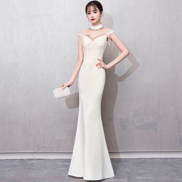 Chinese style Champagne See-through Evening Dresses 2018 Trumpet / Mermaid High Neck Sleeveless Appliques Lace Beading Tassel Floor-Length / Long Formal Dresses