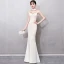 Chinese style Champagne See-through Evening Dresses  2018 Trumpet / Mermaid High Neck Sleeveless Appliques Lace Beading Tassel Floor-Length / Long Formal Dresses