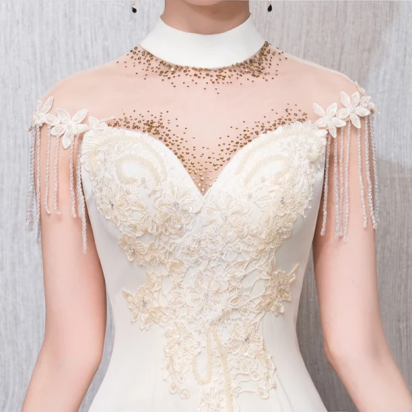Chinese style Champagne See-through Evening Dresses 2018 Trumpet / Mermaid High Neck Sleeveless Appliques Lace Beading Tassel Floor-Length / Long Formal Dresses