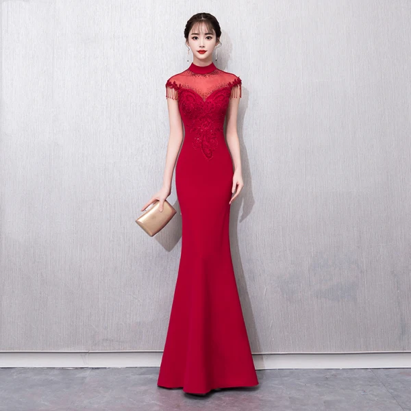 Chinese style Champagne See-through Evening Dresses 2018 Trumpet / Mermaid High Neck Sleeveless Appliques Lace Beading Tassel Floor-Length / Long Formal Dresses