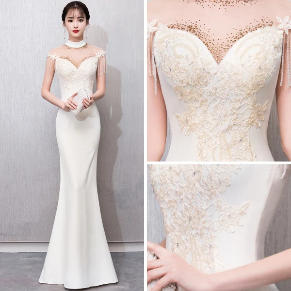 Chinese style Champagne See-through Evening Dresses 2018 Trumpet / Mermaid High Neck Sleeveless Appliques Lace Beading Tassel Floor-Length / Long Formal Dresses