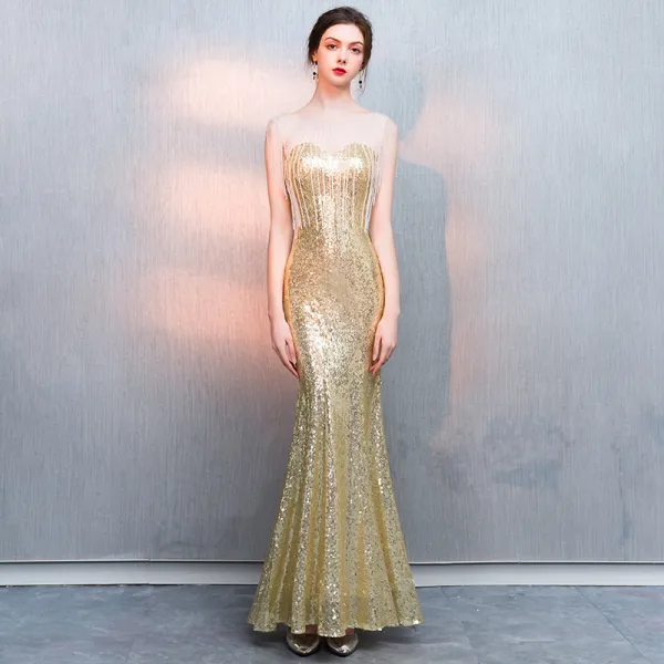 Sparkly Gold Sequins Evening Dresses  2018 Trumpet / Mermaid See-through Scoop Neck Sleeveless Beading Tassel Floor-Length / Long Ruffle Formal Dresses