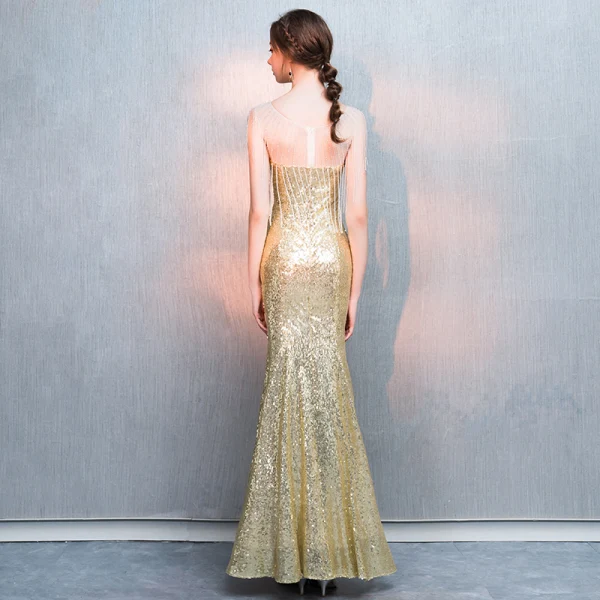 Scintillantes Doré Paillettes Robe De Soirée 2018 Trompette / Sirène Transparentes Encolure Dégagée Sans Manches Perlage Gland Longue Volants Robe De Ceremonie