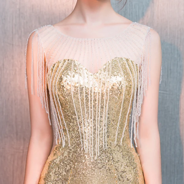 Scintillantes Doré Paillettes Robe De Soirée 2018 Trompette / Sirène Transparentes Encolure Dégagée Sans Manches Perlage Gland Longue Volants Robe De Ceremonie