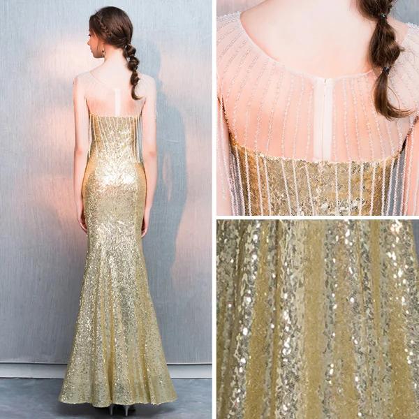 Scintillantes Doré Paillettes Robe De Soirée 2018 Trompette / Sirène Transparentes Encolure Dégagée Sans Manches Perlage Gland Longue Volants Robe De Ceremonie