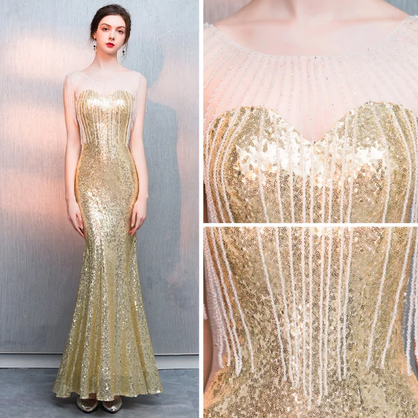Scintillantes Doré Paillettes Robe De Soirée 2018 Trompette / Sirène Transparentes Encolure Dégagée Sans Manches Perlage Gland Longue Volants Robe De Ceremonie