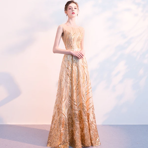 Bling Bling Gold Sequins Evening Dresses  2018 A-Line / Princess Square Neckline Sleeveless Floor-Length / Long Ruffle Formal Dresses