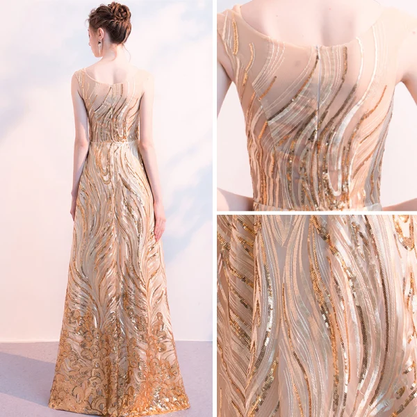 Bling Bling Gold Sequins Evening Dresses  2018 A-Line / Princess Square Neckline Sleeveless Floor-Length / Long Ruffle Formal Dresses