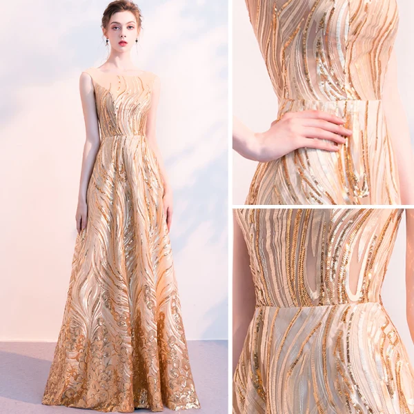 Bling Bling Gold Sequins Evening Dresses  2018 A-Line / Princess Square Neckline Sleeveless Floor-Length / Long Ruffle Formal Dresses