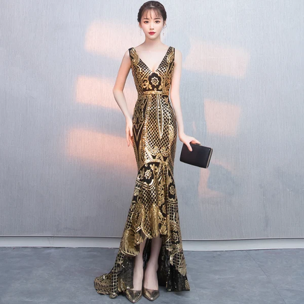 Sexy Black Gold Sequins Evening Dresses 2018 Trumpet / Mermaid V-Neck Sleeveless Asymmetrical Ruffle Backless Formal Dresses
