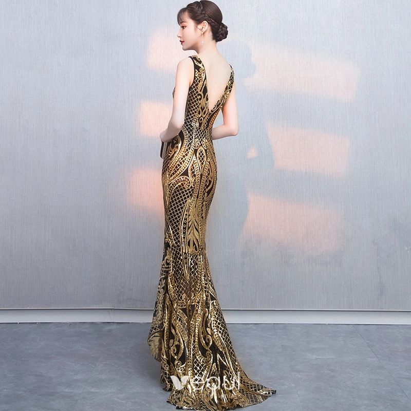 Sexy Black Gold Sequins Evening Dresses 2018 Trumpet Mermaid V Neck  Sleeveless Asymmetrical Ruffle Backless Formal Dresses