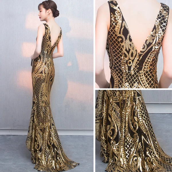 Sexy Schwarz Gold Pailletten Abendkleider 2018 Meerjungfrau V-Ausschnitt Ärmellos Asymmetrisch Rüschen Rückenfreies Festliche Kleider